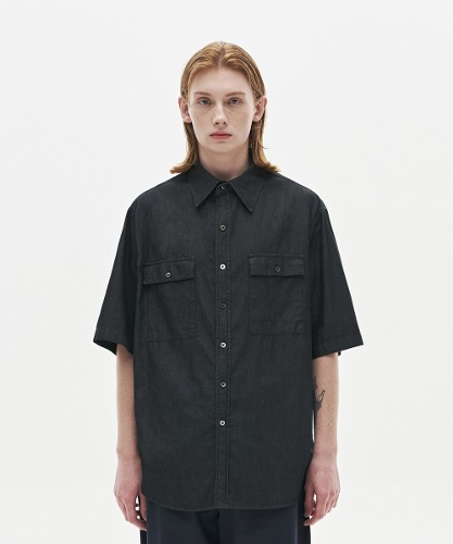 [노운] wide pocket denim shirts (black)